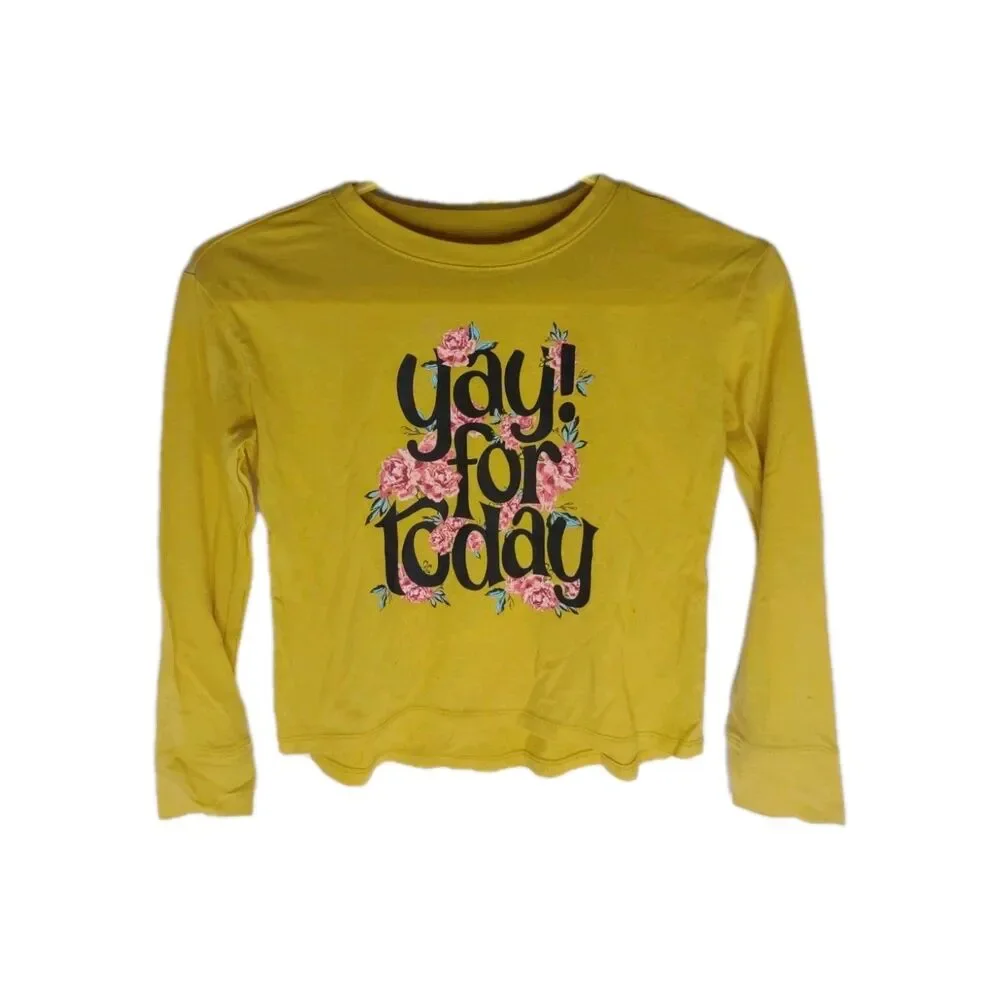 Justice Girls Yay for Today Yellow Long Sleeve Graphic Tee Shirt Size S 7/8 EUC